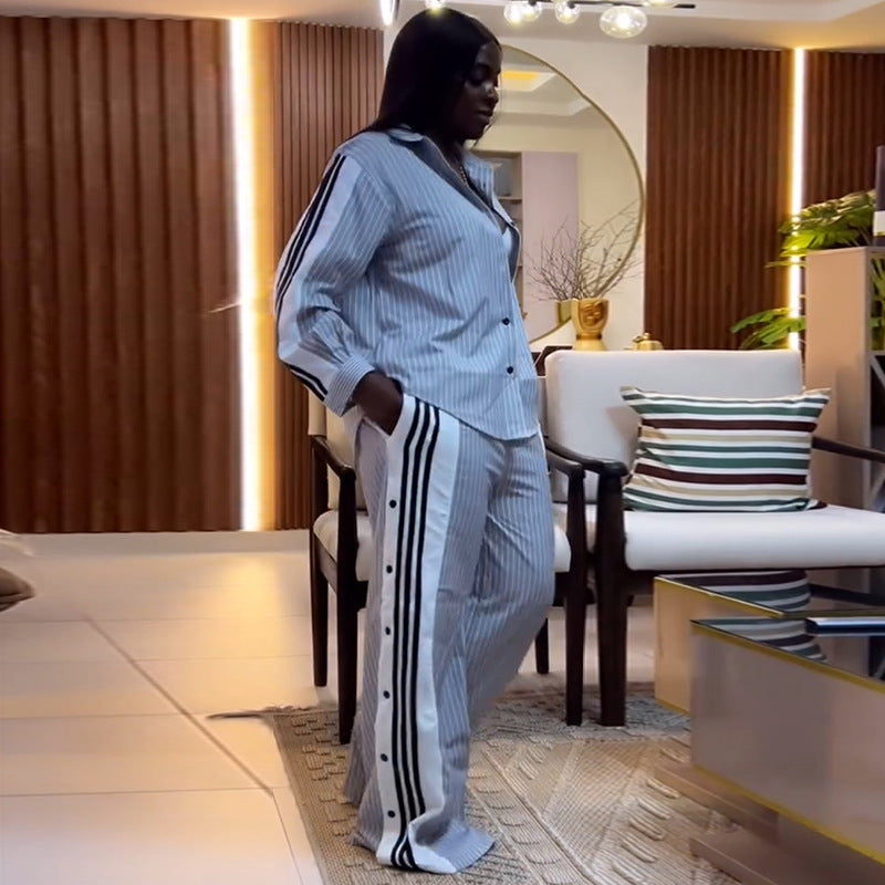 Women summer Turndown Collar striped long-sleeved shirt wide-leg pants Casual two-piece set 4