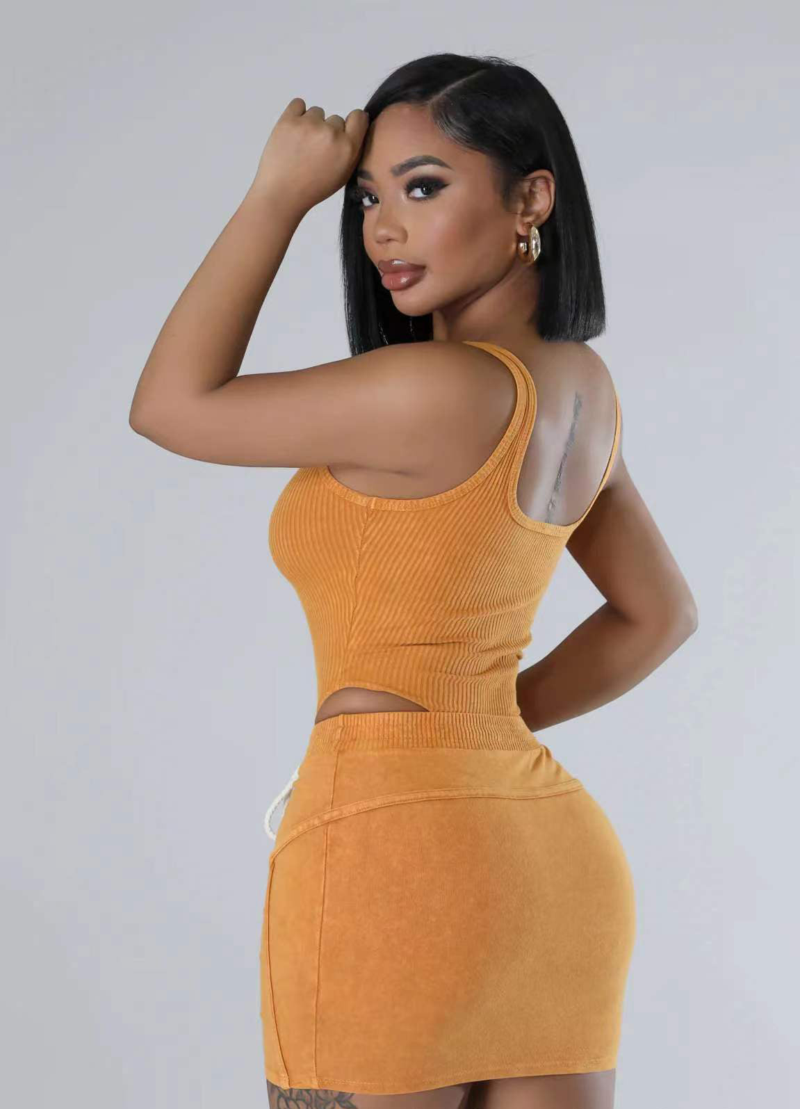 Women's Ribbed Washed Fashion Casual sleeveless bodysut and skirt set