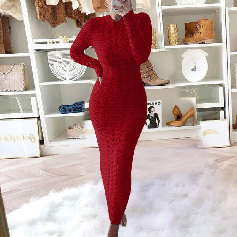 Autumn And Winter Women's Fashionable Long-Sleeved Knitted Sweater Dress 5