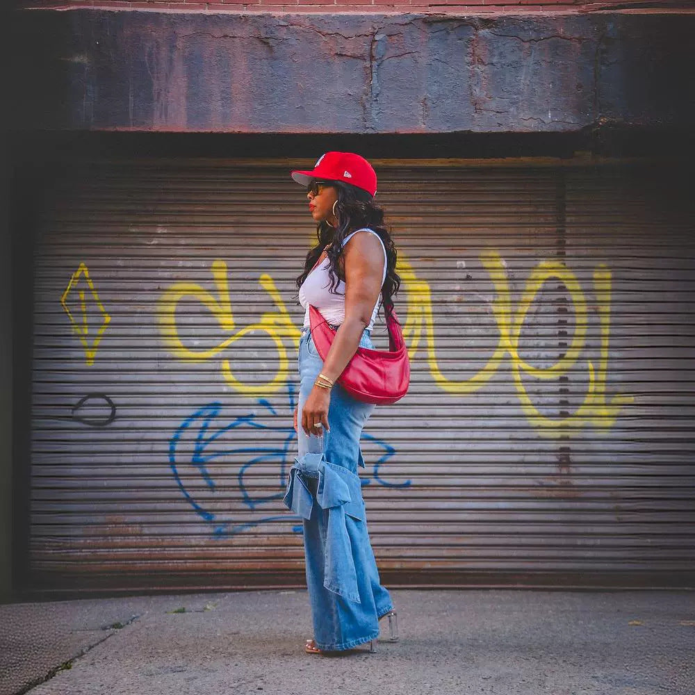 Women Lace-Up Pocket Wide Leg Straight Denim Pants 5