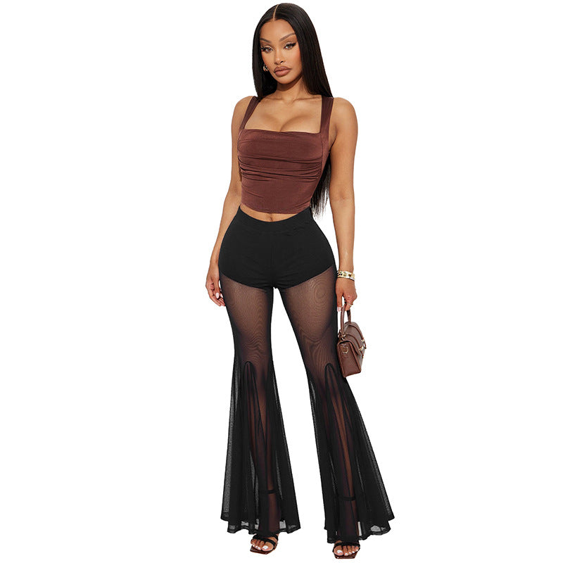 Women Fall Sexy See-Through Mesh Bell Bottom Pant 18