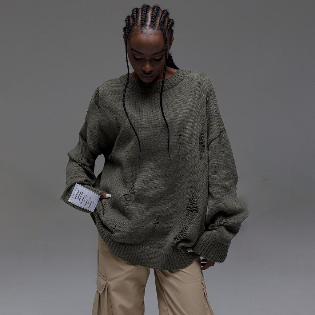Women Casual Ripped Round Neck Loose Long Sleeve Sweater 5
