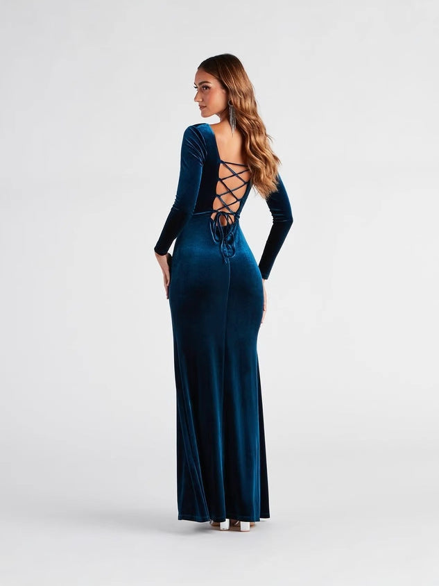 Women Long Sleeve Square Neck Split Solid Velvet Formal Party Evening Dress 3