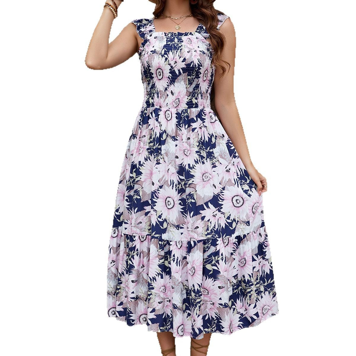 Women Large Flower Ruffle Sleeve Bohemian Beach Holidays Suspender Dress 6
