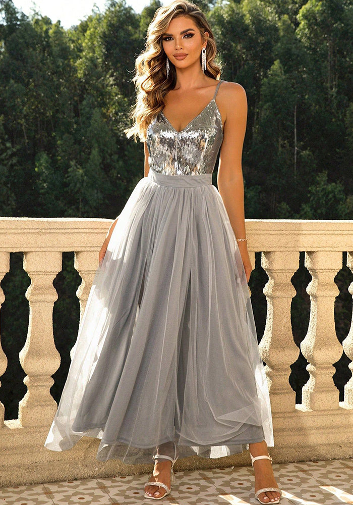 Women Sexy V-Neck Backless Mesh Sequin Patchwork Dress 4