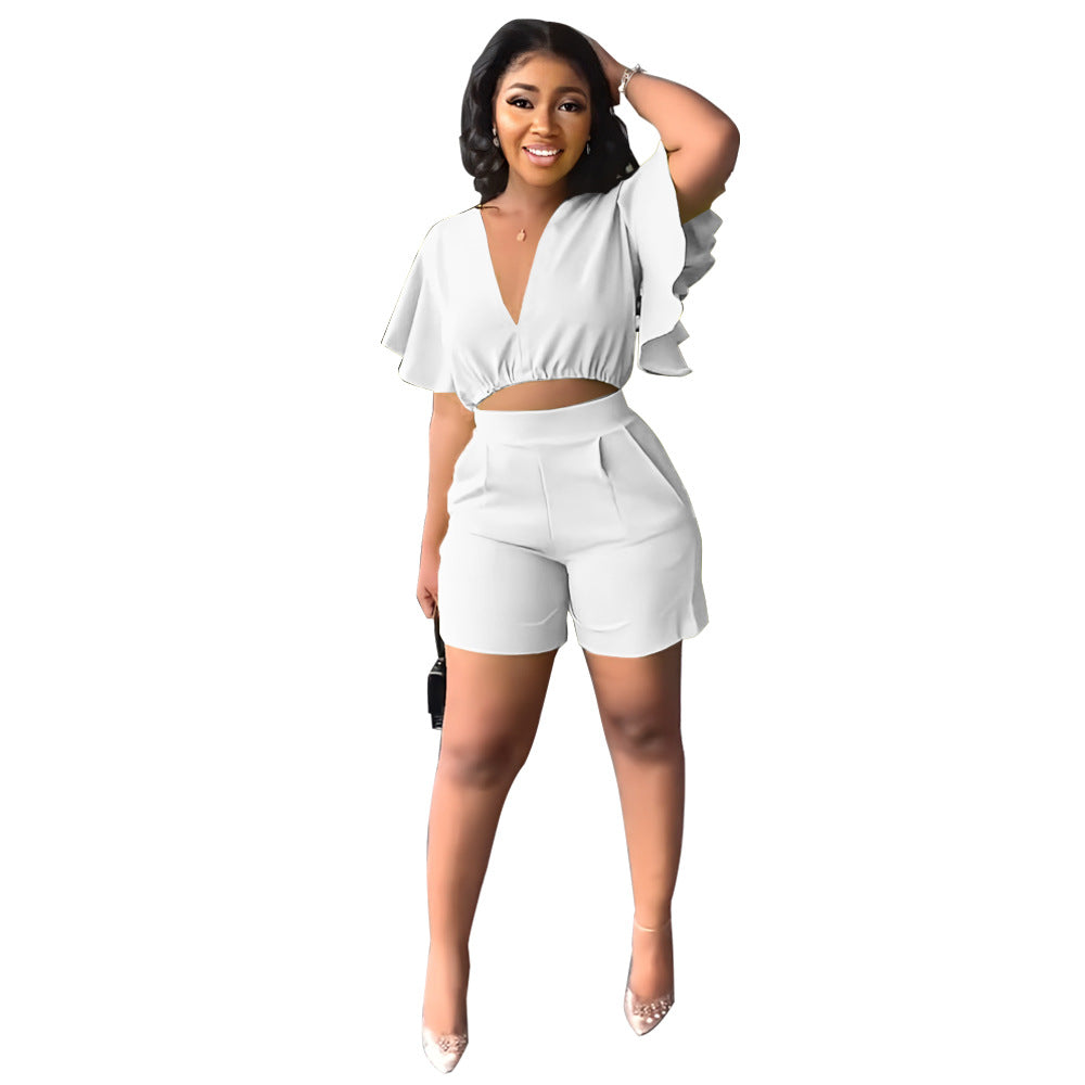 Women Summer Ruffle Short V-Neck Top+ Casual Shorts Two-Piece Set 3