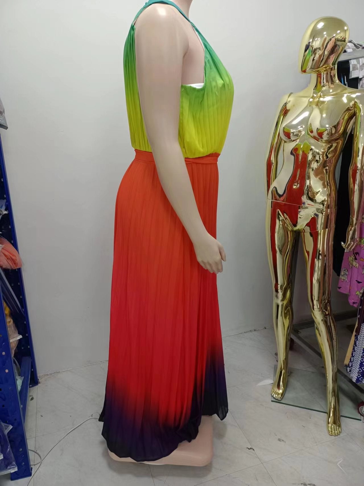 Women's Round Neck Sleeveless Maxi Pleated Tie Dye Pressed Pleated Slim Waist Rainbow Dress 16