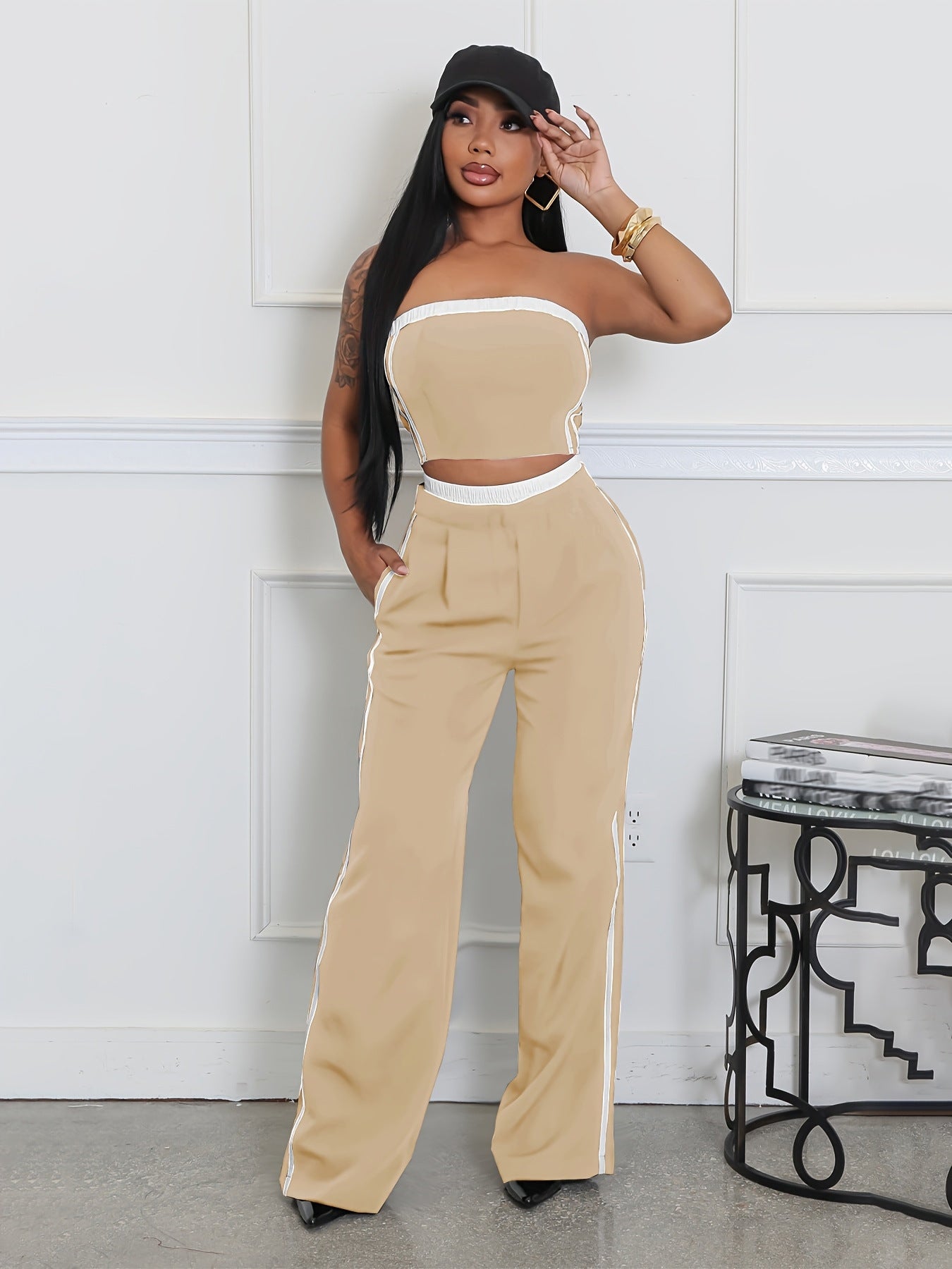 Summer Fashion Strapless Top Wide Leg Loose Pants Set 6