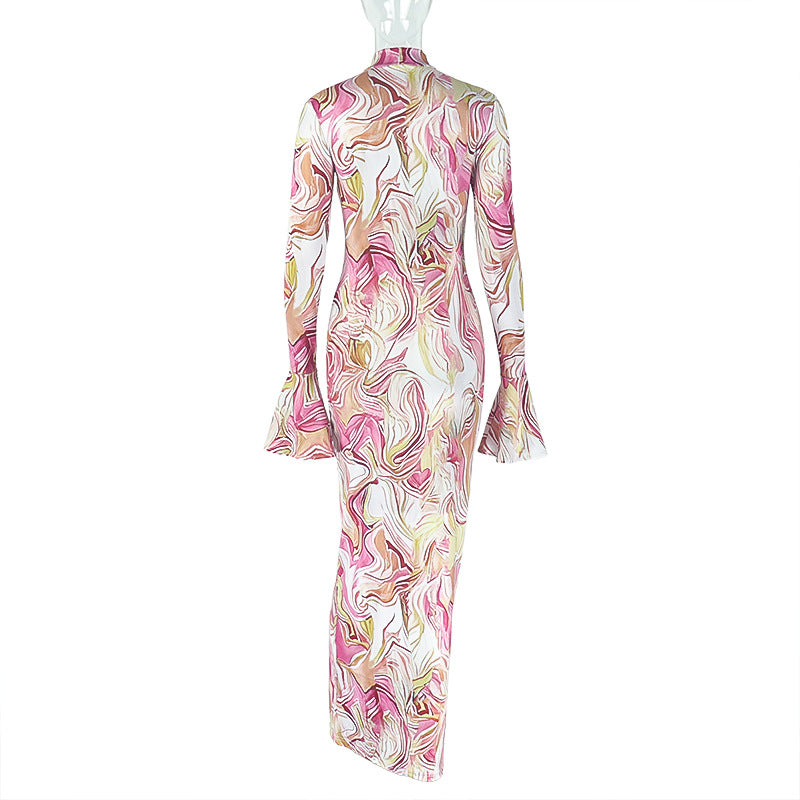 Women's Chic Print Stand Collar Long Sleeve Long Dress 8