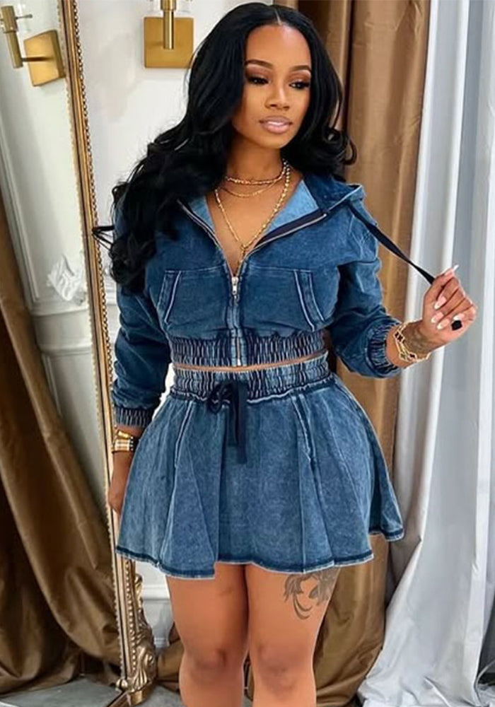Women's Autumn Winter Denim Jacket Skirt Casual Two Piece Set