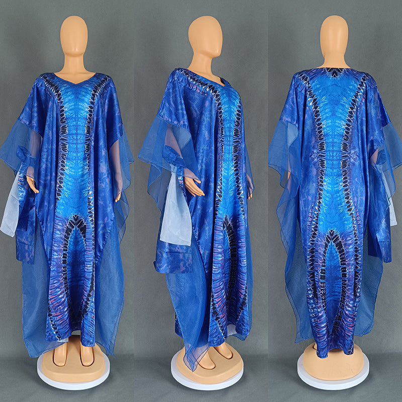 Women's clothing African long robe mesh print dress with headscarf 11