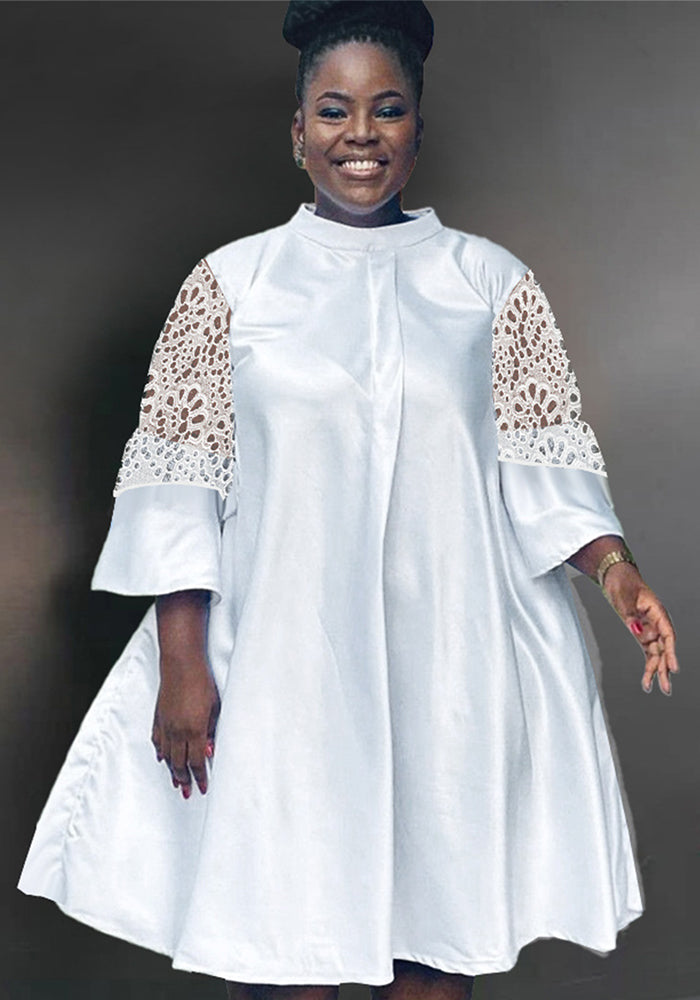 Casual Career Style Bell Bottom Sleeve Dress Plus Size Lace See-Through Patchwork Skirt Dress