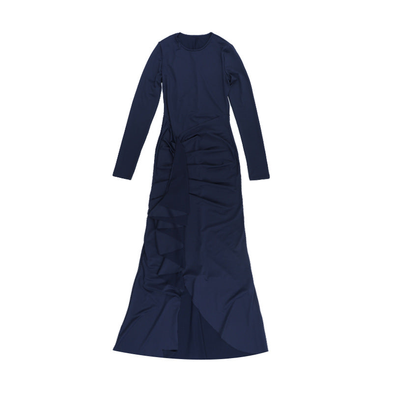 Long-Sleeve Thin Strap Slim Dress with Flounce for Fall and Winter 11