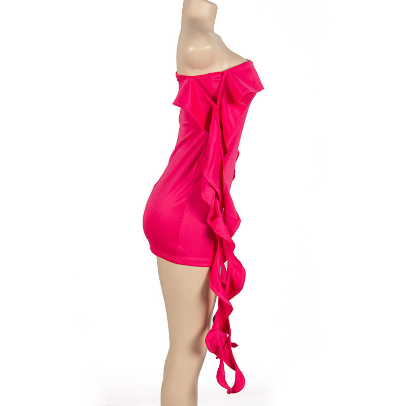 Women Summer Solid Sleeveless Off Shoulder Ruffle Edge Slit Dress 10