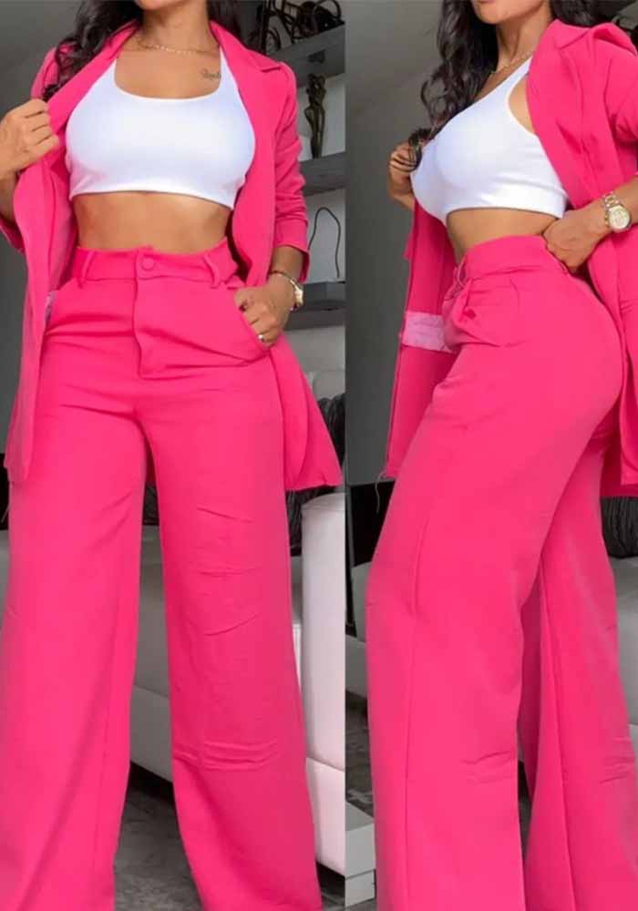 Women Elegant Solid Slit Sleeve Turndown Collar Blazer and Straight Pants Two-piece Set 7