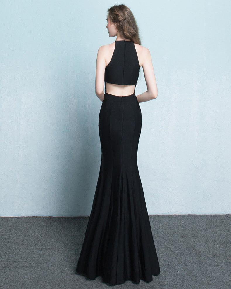 Plain Solid Halter Slit Mermaid Evening Dress 16