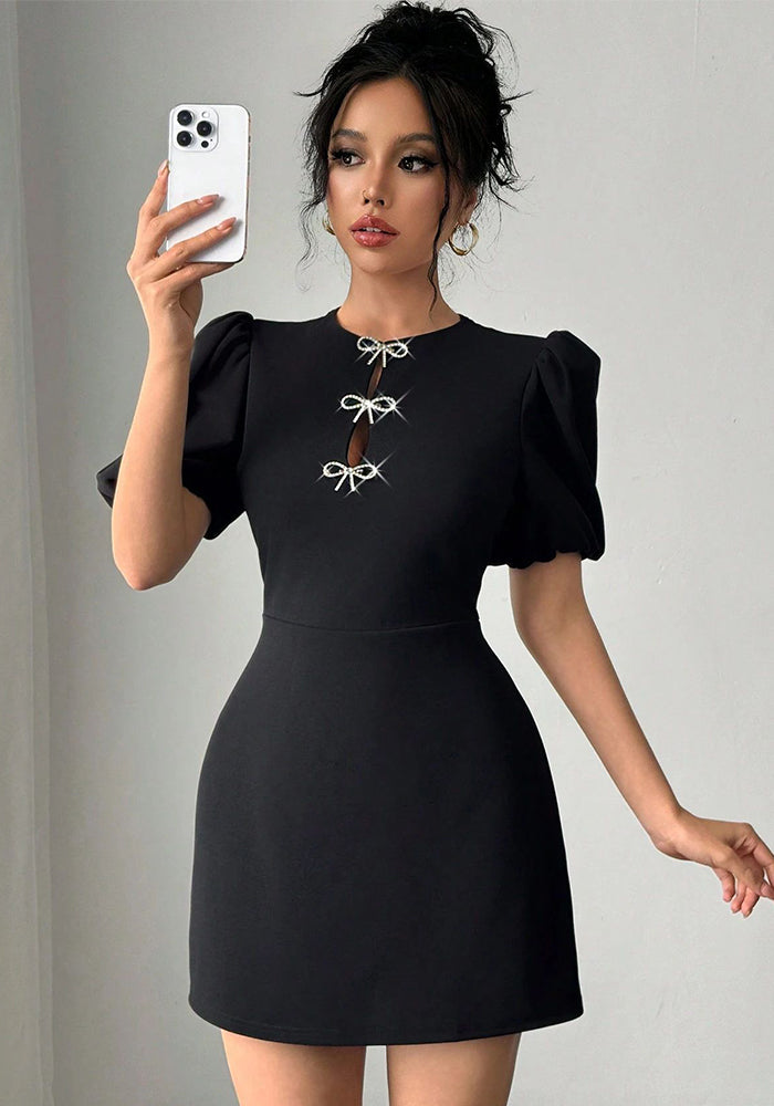 Women's Round-Neck Hollow Crystal Bowknot Puff-Sleeve Slim-Waist Dress