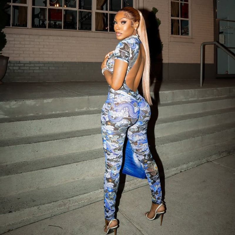 Women Summer Street Trend Mesh See-Through Print Backless Jumpsuit 7