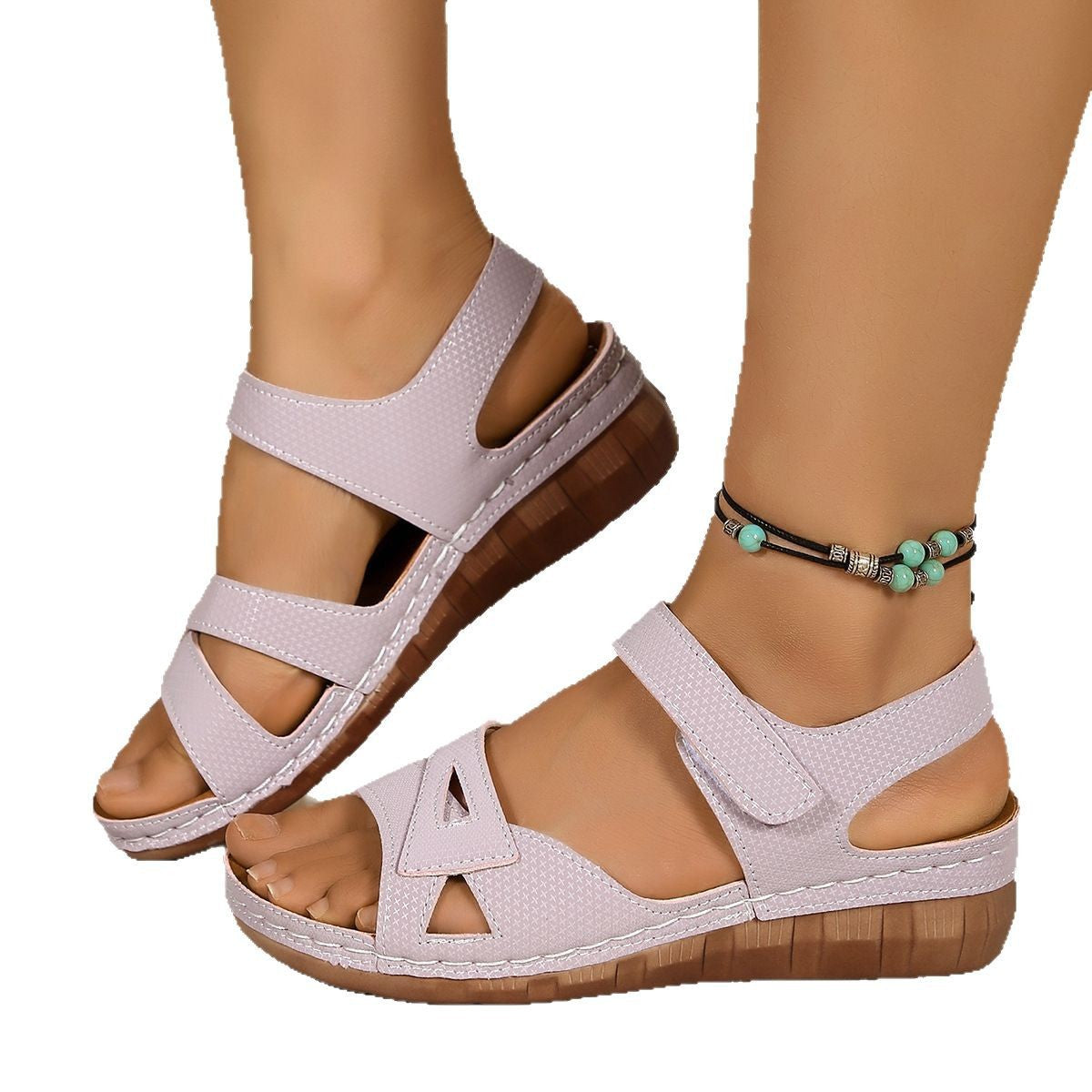 Plus Size Casual Peep-Toe Outdoor Wear Hook-and-Loop Wedge Thick Sole Sandals Women 11