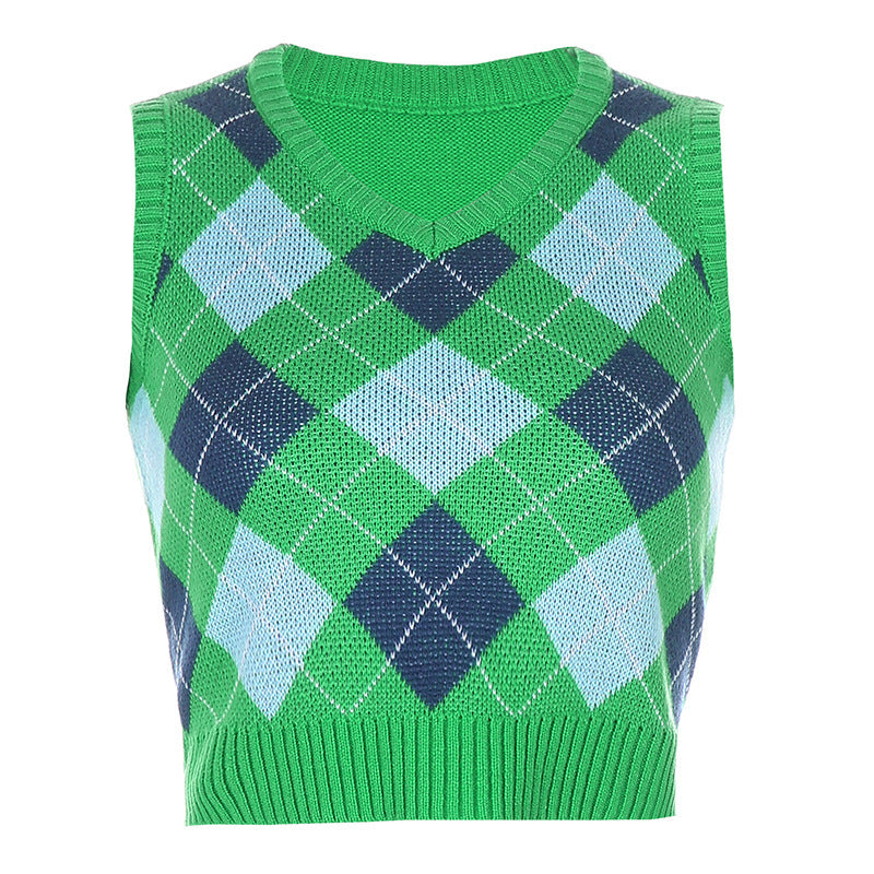 Women Solid Plaid Sleeveless V-Neck Sweater 25