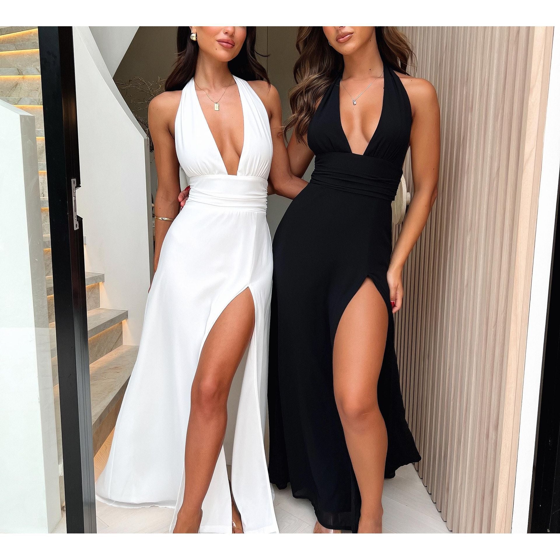 Women's Halter V-Neck Lace-Up Slit Maxi Dress 9