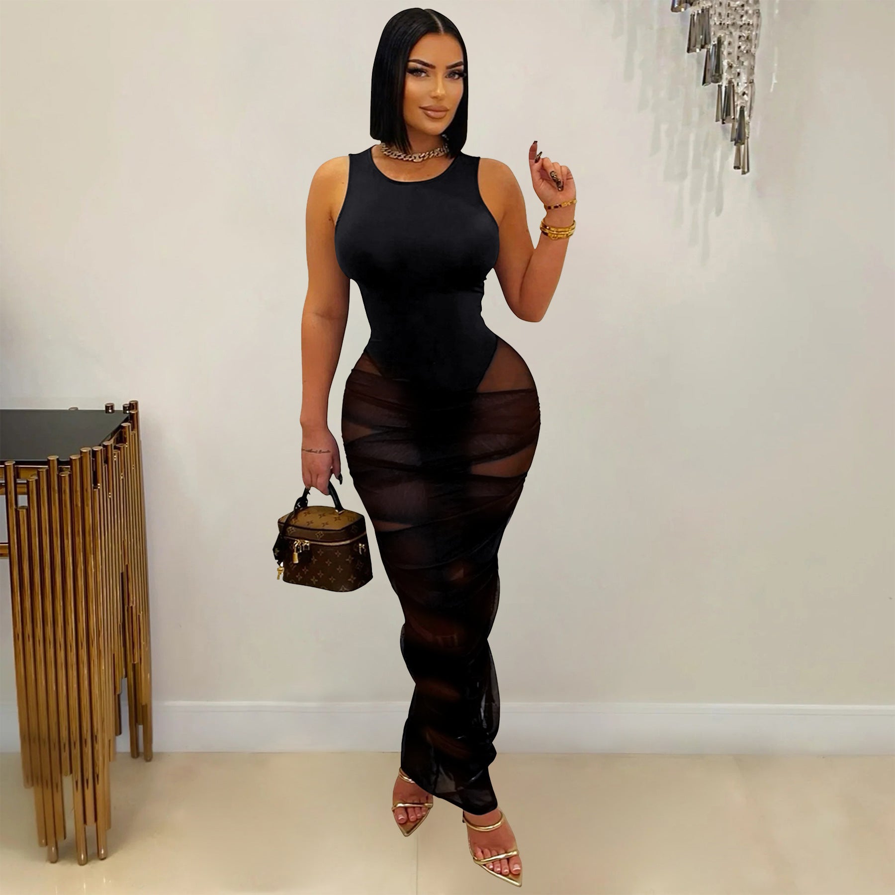 Women Sexy Nightclub See-Through Mesh Patchwork Dress