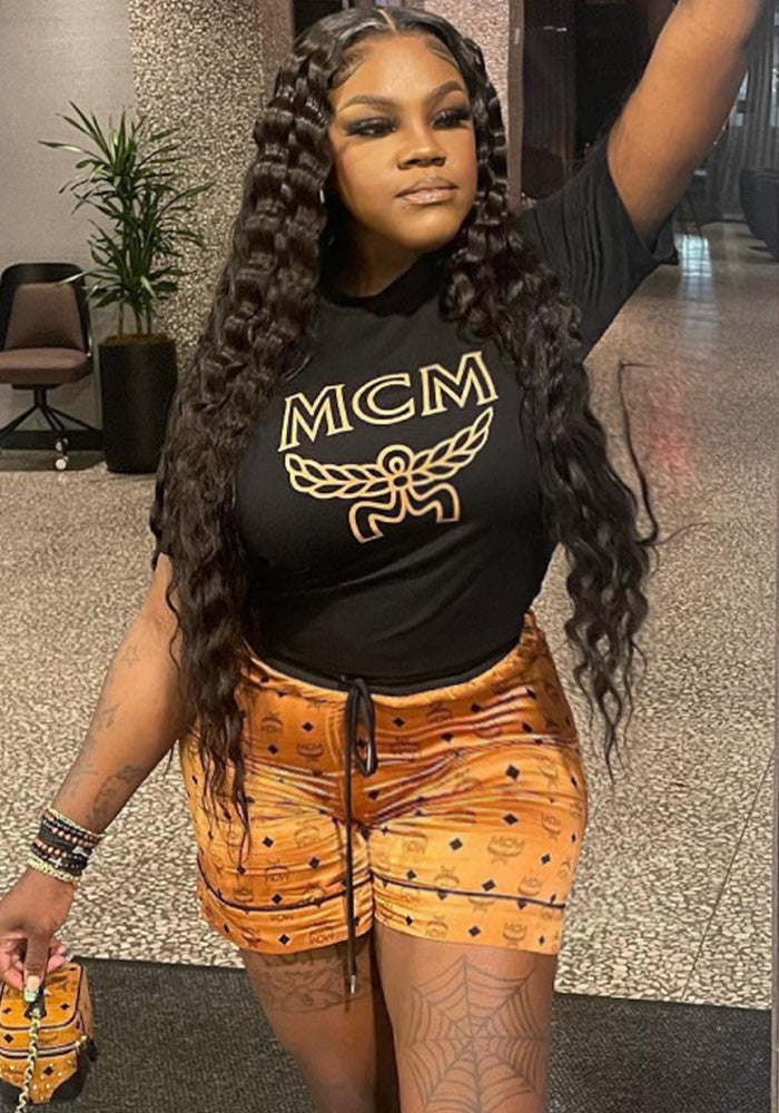 Fashion Print Short Sleeve Two Piece Shorts Set for Women