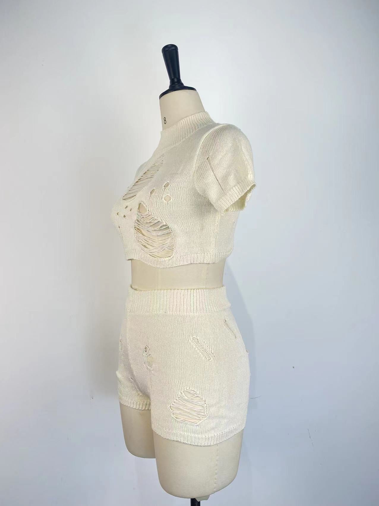 Women Fashion Knitting Tight Fitting Hollow Out Sexy Two Piece Shorts Set Spring Summer 11