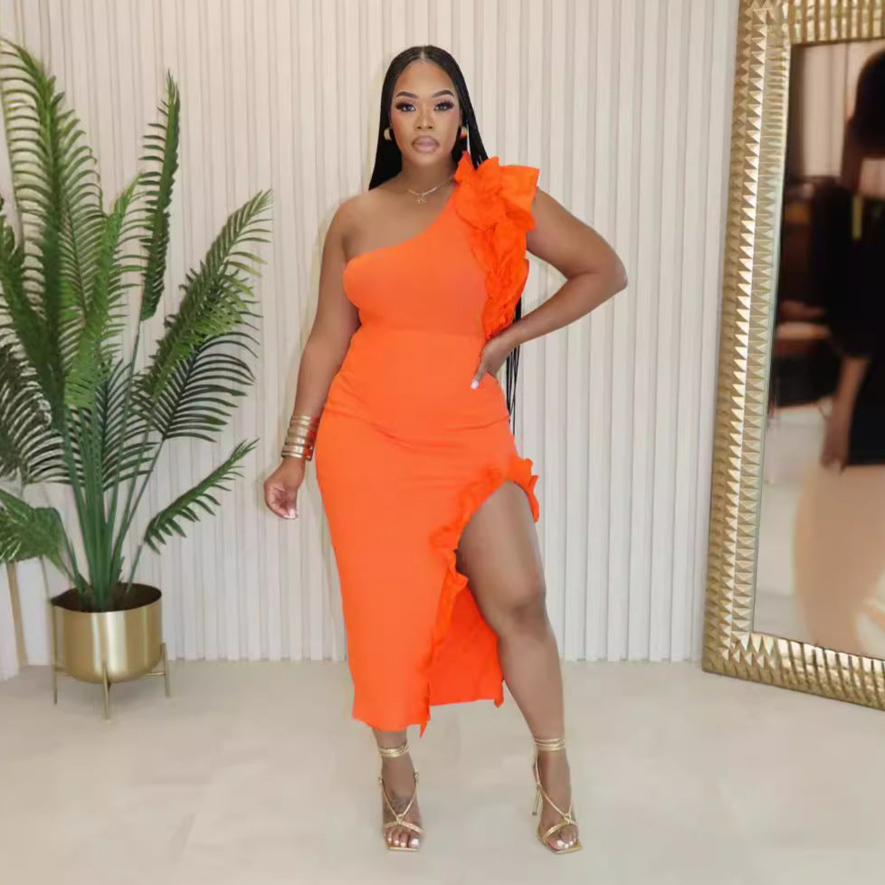 Solid Ruffled Slash Shoulder Slit Two Piece Skirt Set 4