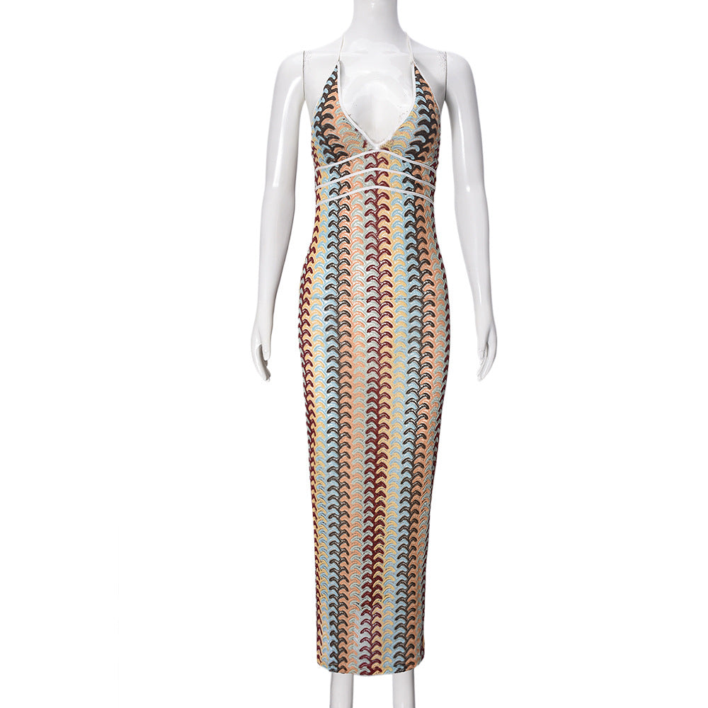 Striped See-Through Summer Trendy Sexy Halter Sleeveless Beach Long Dress 4