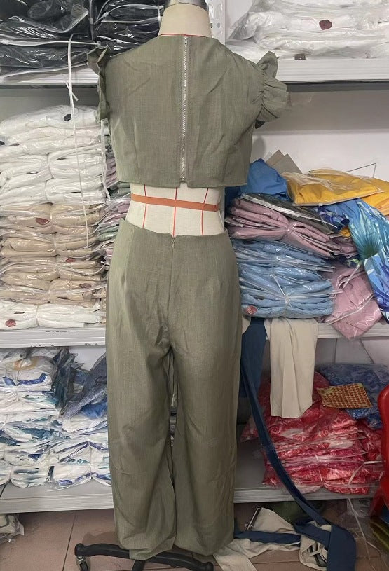 Women Summer Round Neck Ruffled Loose Jumpsuit 22