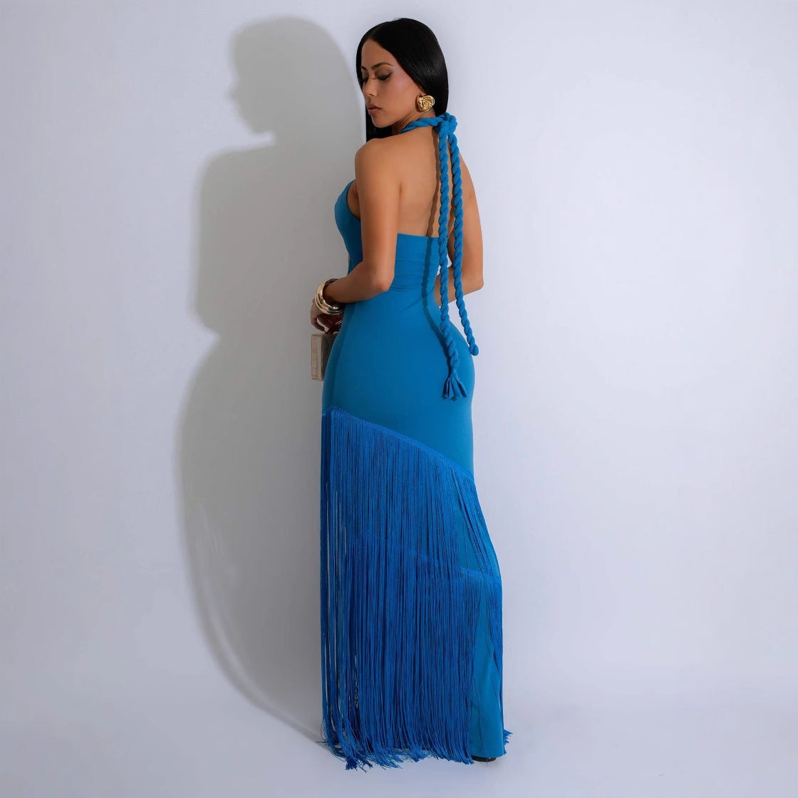Women hollow sleeve Halter Neck tassel dress 6