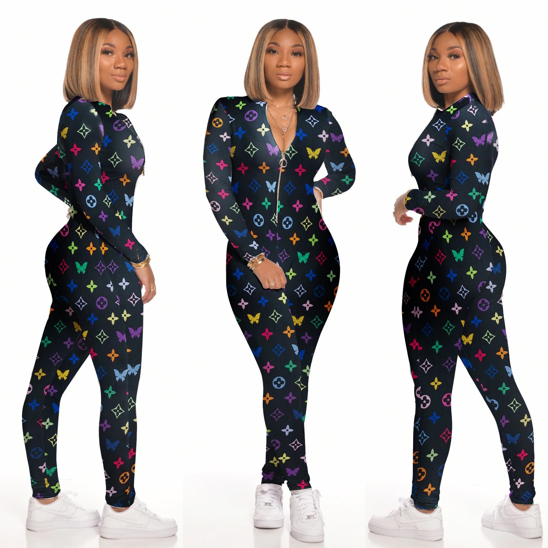 Sexy Women's Print Long Sleeve Tight Fitting Jumpsuit 4