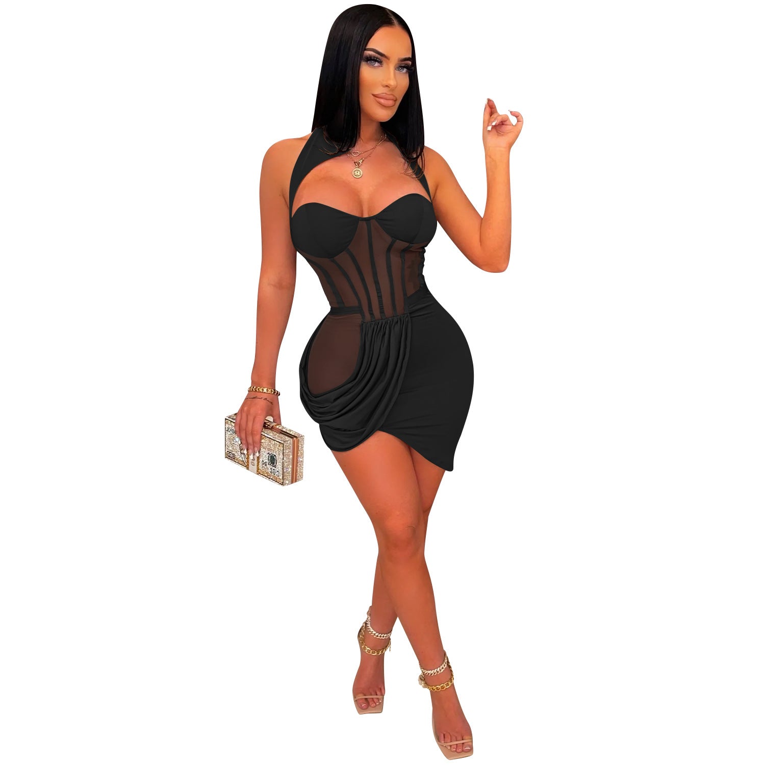 Solid color mesh See-Through cut out pleated irregular dress women