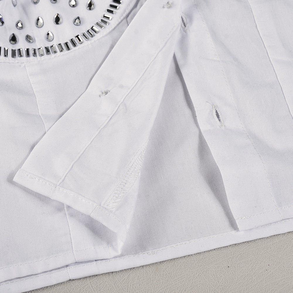 Women Fall Beaded Turndown Collar Long Sleeve Shirt 16