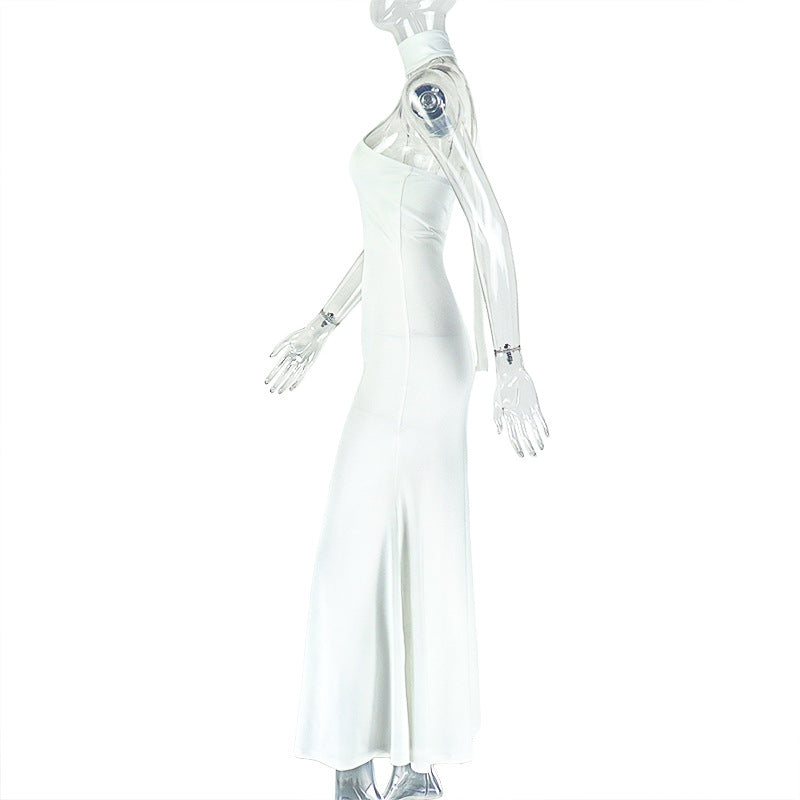 Women solid elegant pleated asymmetric stand collar sleeveless dress 9