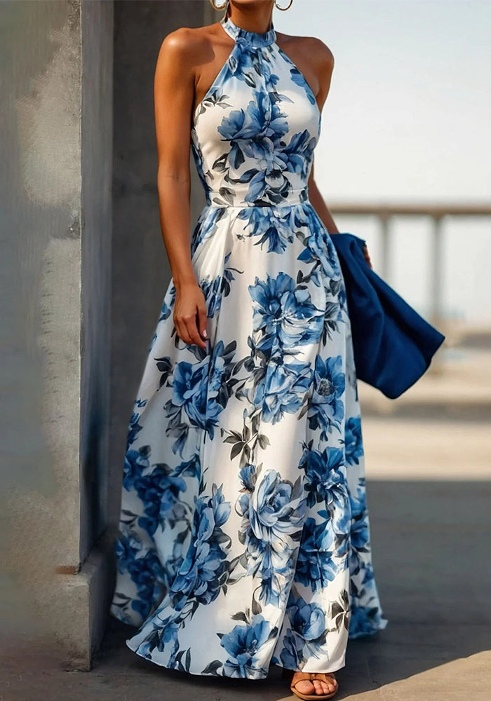 Women Holiday Halter Neck Printed Sleeveless Beach Dress