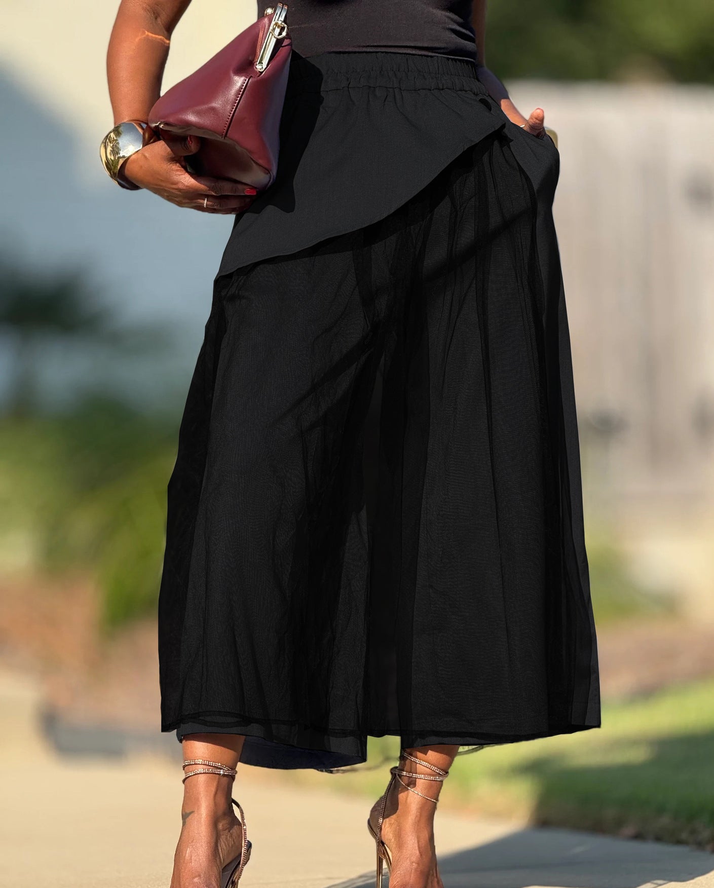 Women's Patchwork Mesh Fashion Wide-Leg False Two-Piece Casual Pants