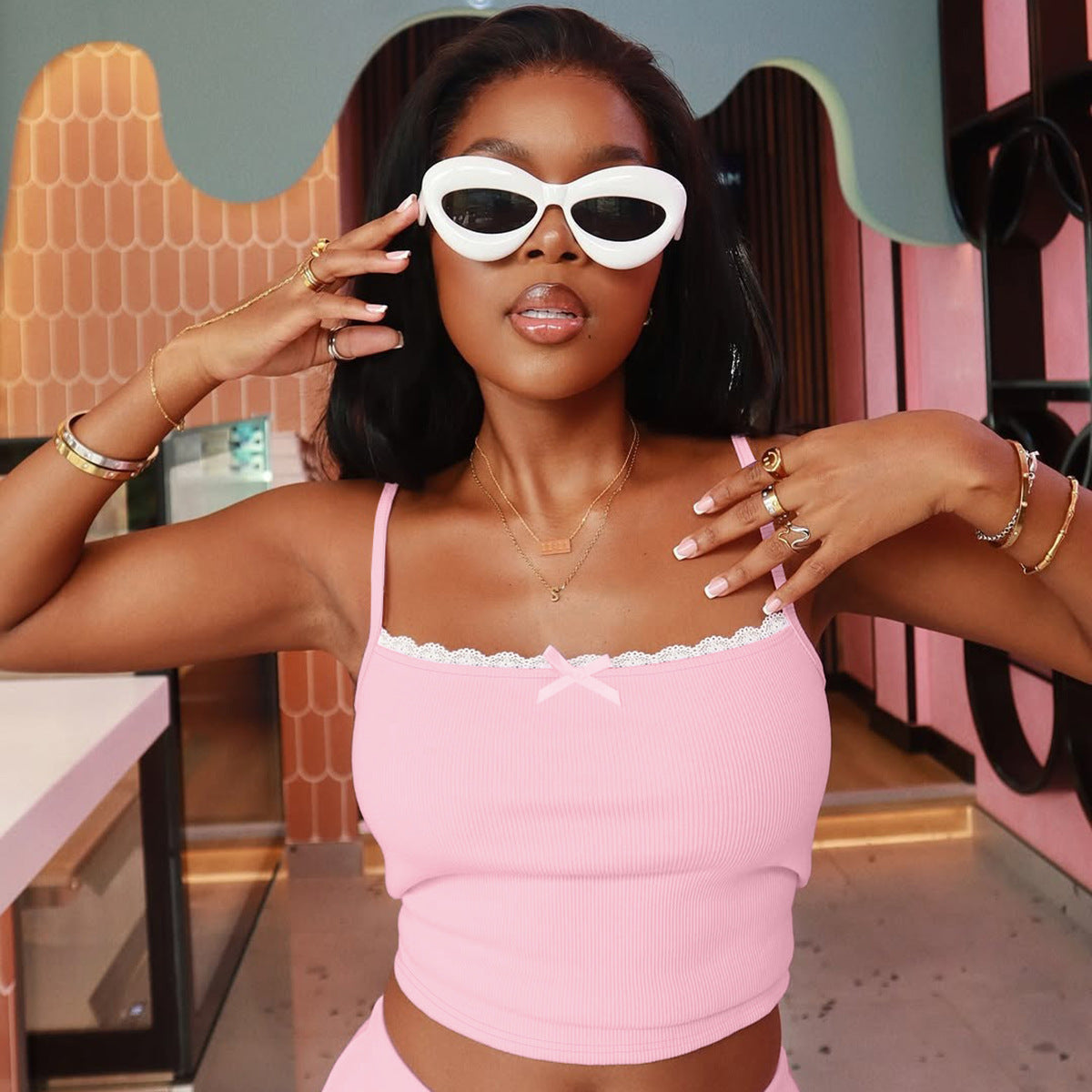 Women Spring Summer Lace Lace Suspender Top Shorts Two Piece Set 4