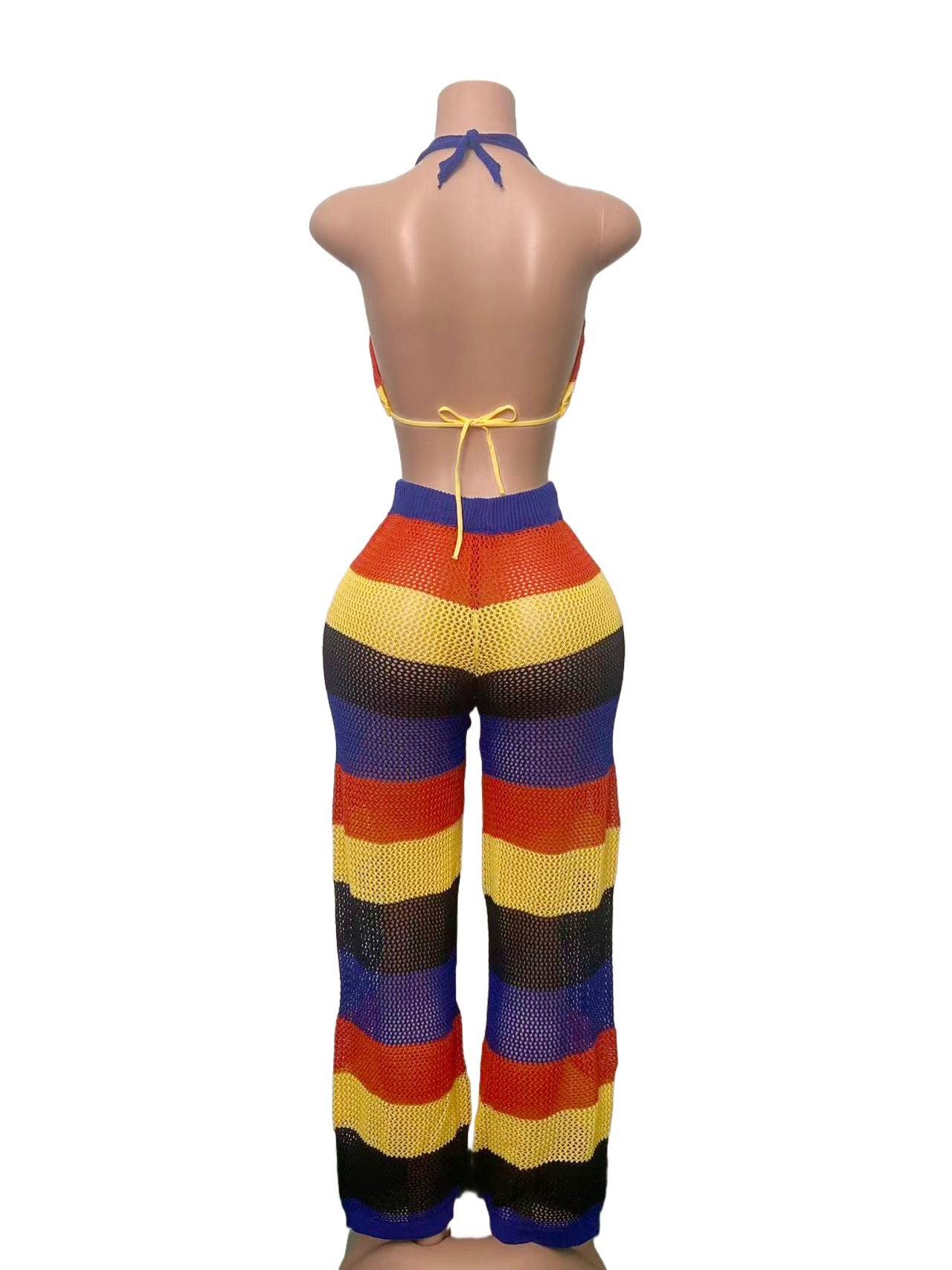 Women multi-color striped halter neck backless top and knitting pant, sexy see-through mesh two-piece set. 12