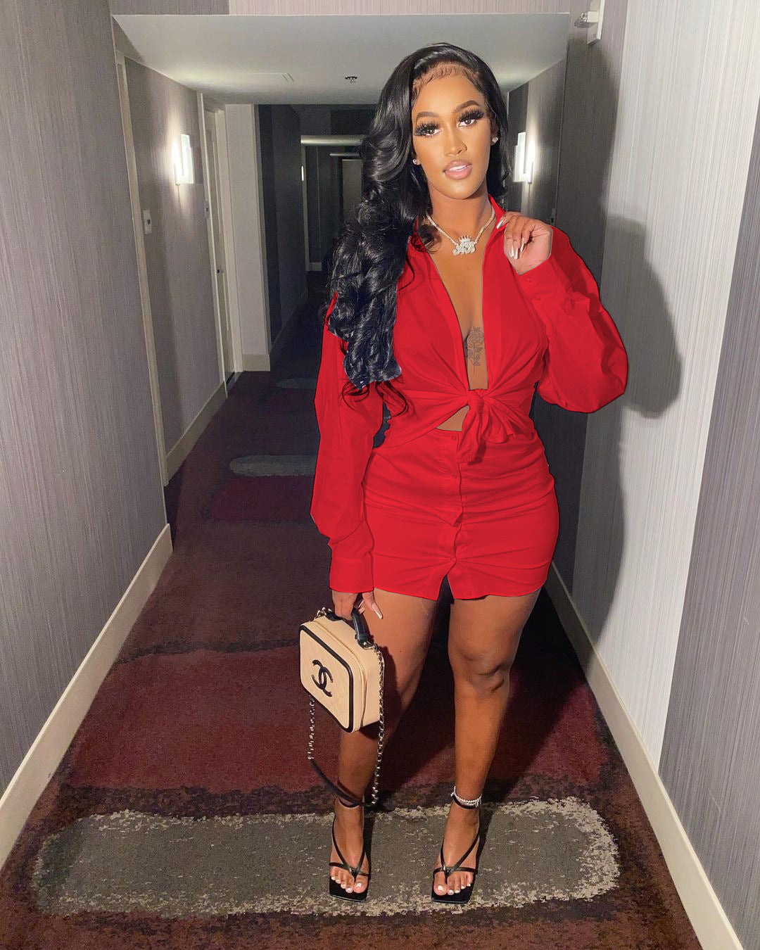 Women Casual Solid Shirt and Skirt Two-Piece Set 4