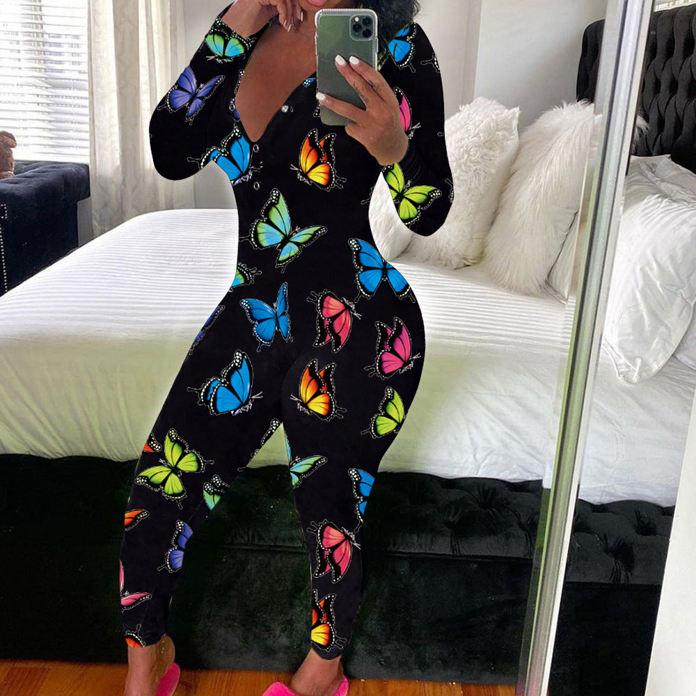 Women's Sexy Fashion Pattern Print Deep V-Neck Long Sleeve Tight Slim Jumpsuit 12