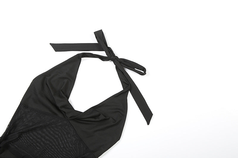 Autumn Women's Sexy Mesh Patchwork See-Through Slim Fit Halter Neck Lace-Up Dress 13