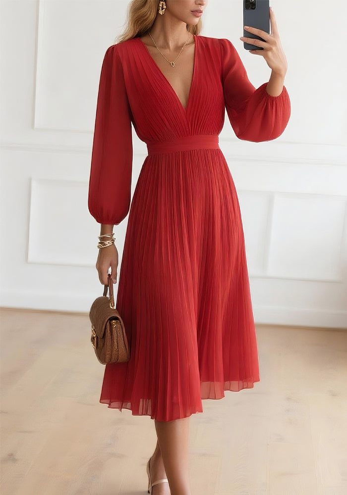 Women V-Neck Lace-Up Long-Sleeved Dress