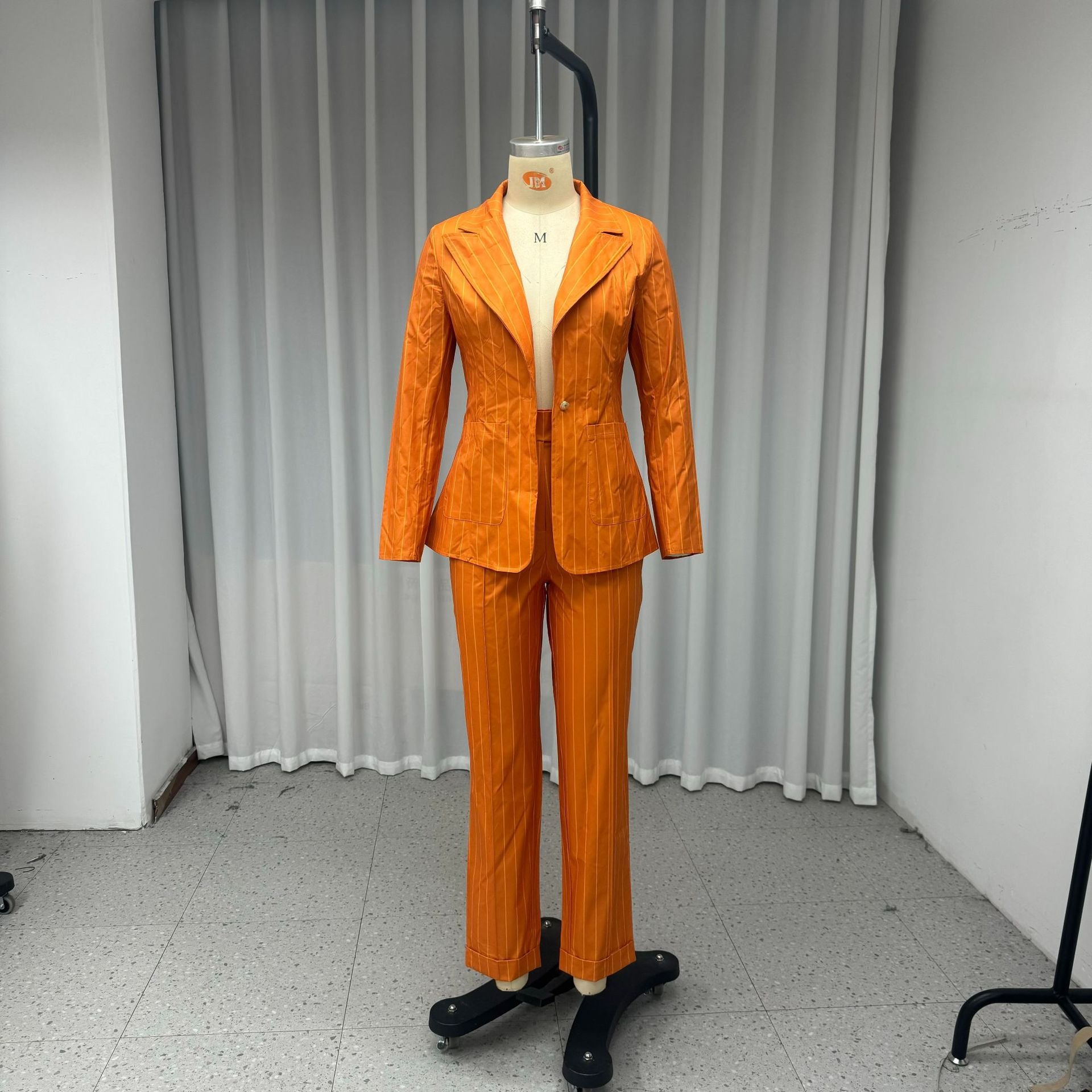 Women Turndown Collar Long-Sleeved Striped Solid Blazer and Pant Two-Piece Set 6