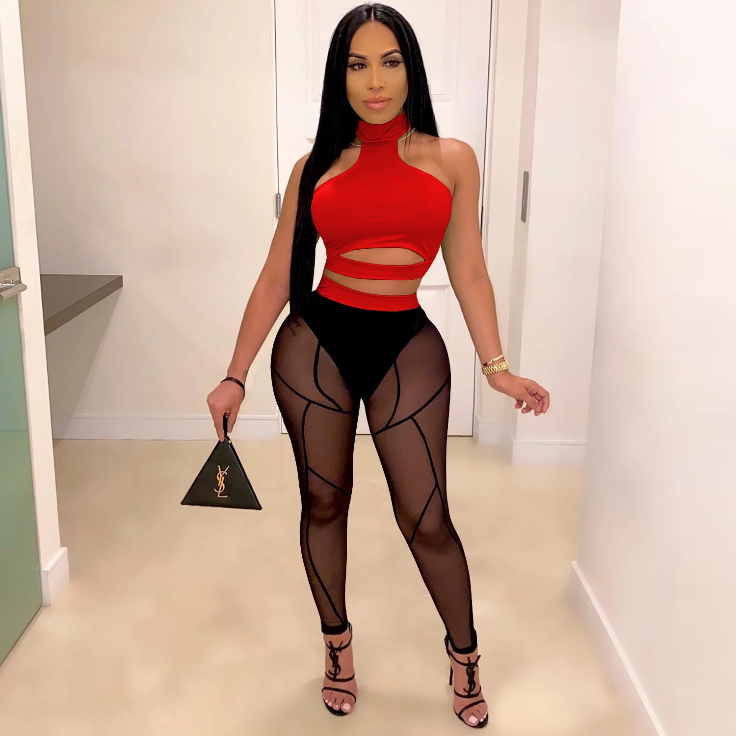 Women See-Through Colorblock Top and Pant Two Piece Set 12