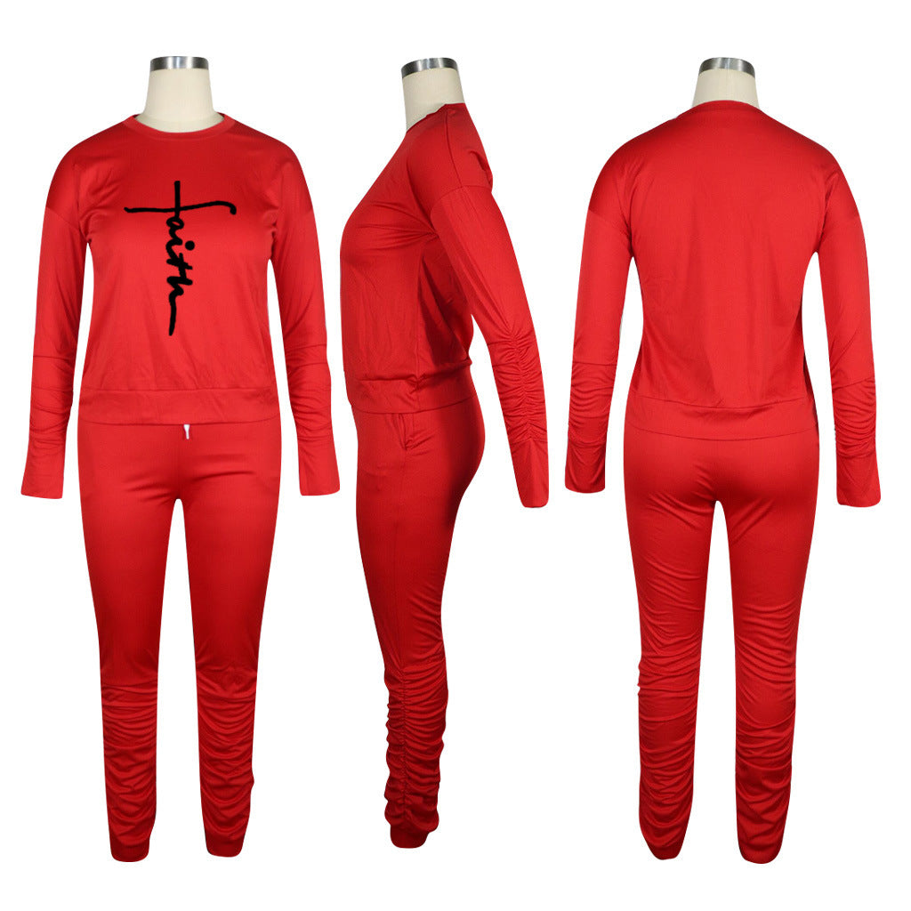 Women'S Print Solid Color Long Sleeve Round Neck Top And Ruched Pants Set Two-Piece Set 12
