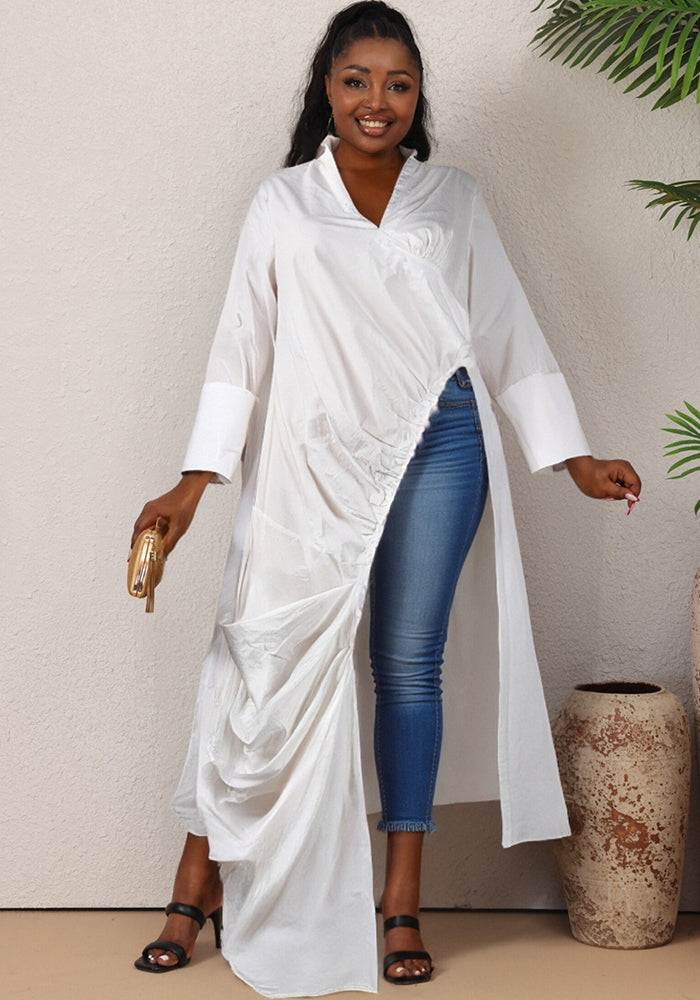 Women sexy V Neck long sleeve pleated Casual dress