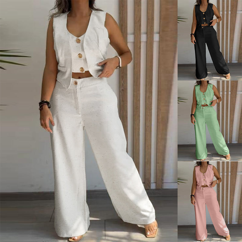 Women Metal Button Faux Sleeveless Top and Casual Solid Pant Two-Piece Set 10