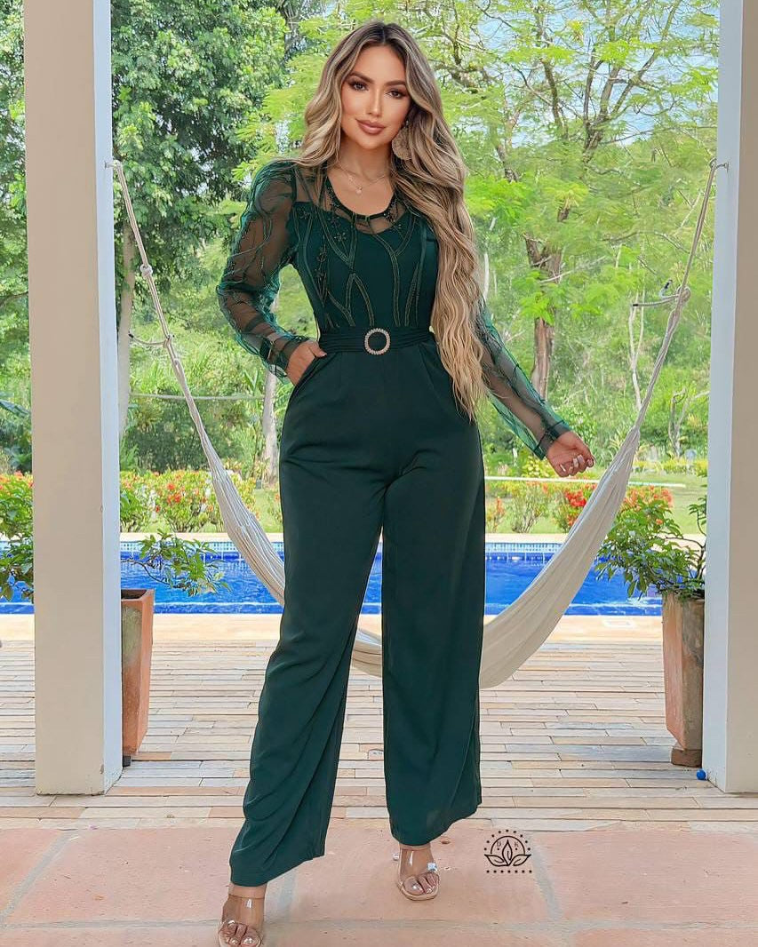 Women's Mesh See-Through Patchwork Embroidery Sexy Jumpsuit (Includes Belt) 4